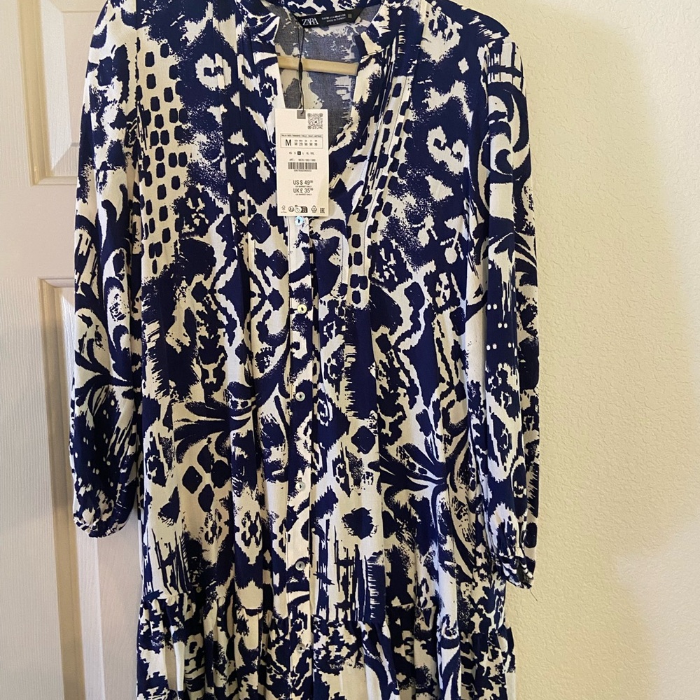 Zara Navy and White Abstract Long Sleeve Dress